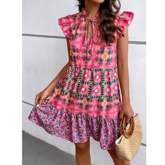 Abstract Print Multicolor on Pink Flowy Loose Fitting Short Sleeve Mini Dress - Picture 5 of 7
